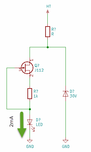 Schéma utilisant un JFET J112 comme générateur de courant constant 2mA